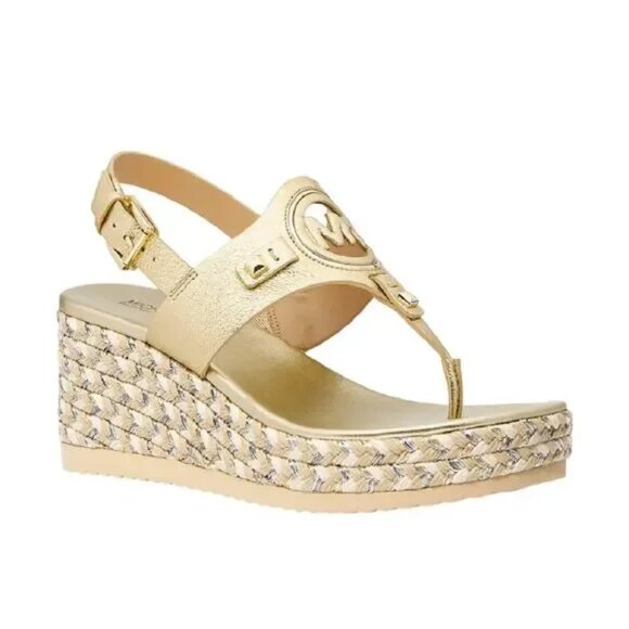 Michael Kors Aubrey Cutout Leather Wedge Sandal Pale Gold - Picture 1 of 4
